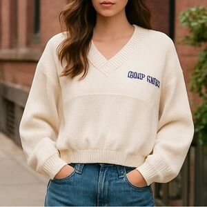 Vintage College House Cream Coast Guard V-Neck Cropped Sweater Size XL